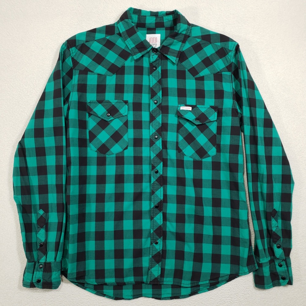 Topo Designs Western Shirt Mens Large Green Buffalo Plaid Snap Front Made in USA